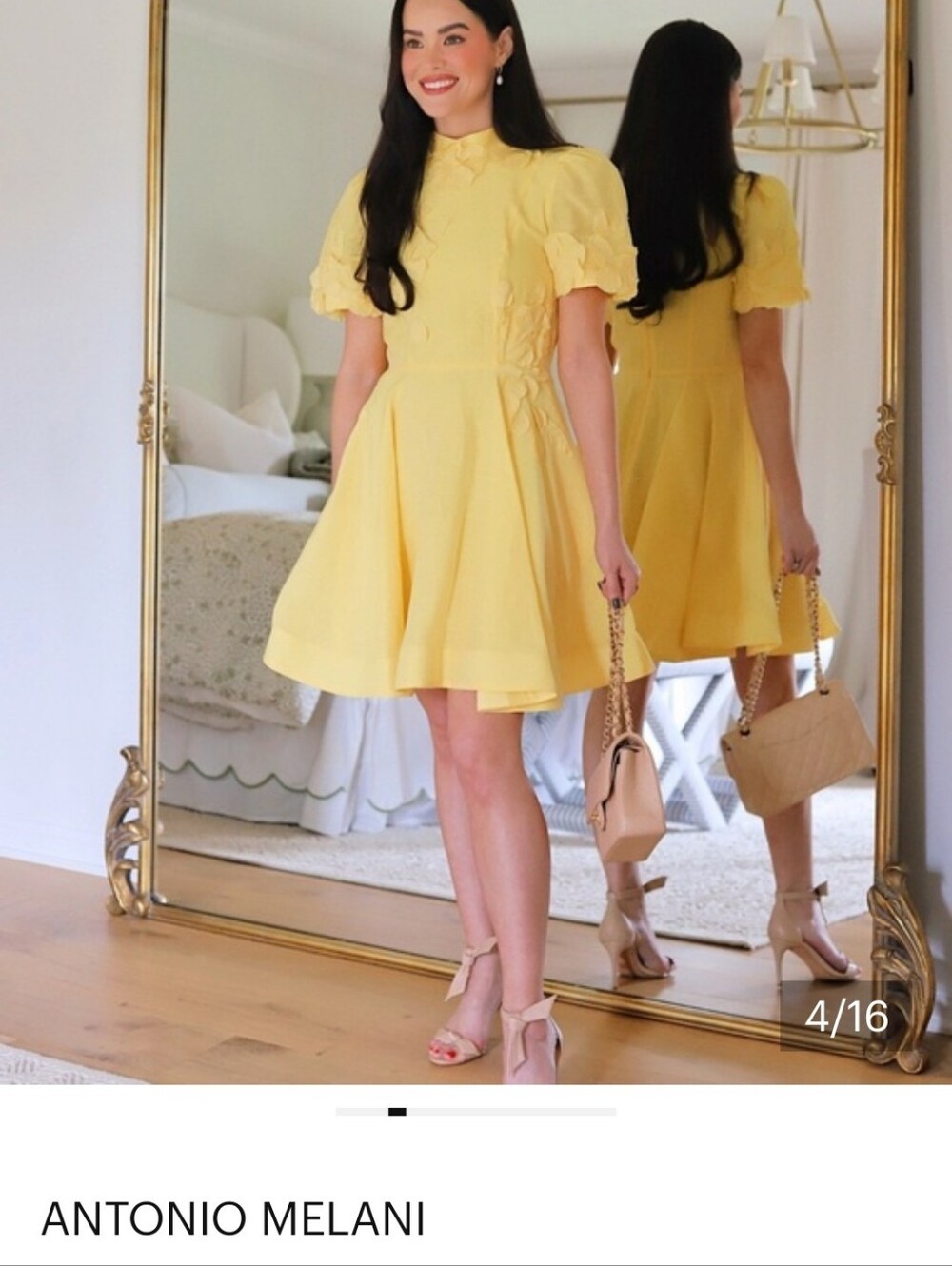 NWT ANTONIO MELANI Bright Yellow Linen Blend Floral AppFit-and-Flare Short Dress